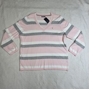 NWT Tommy Hilfiger V-Neck Pink Gray White Striped Long Sleeve Sweater
